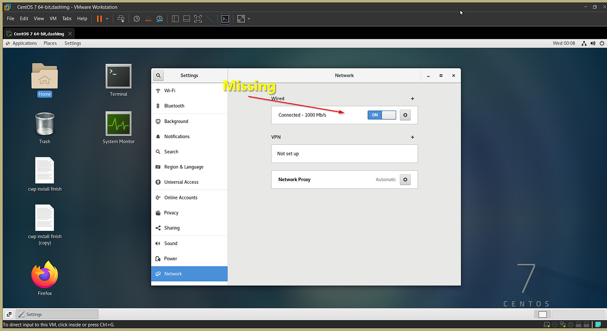 Centos 7.4 VMWare 16.2 not showing on status bar and cannot