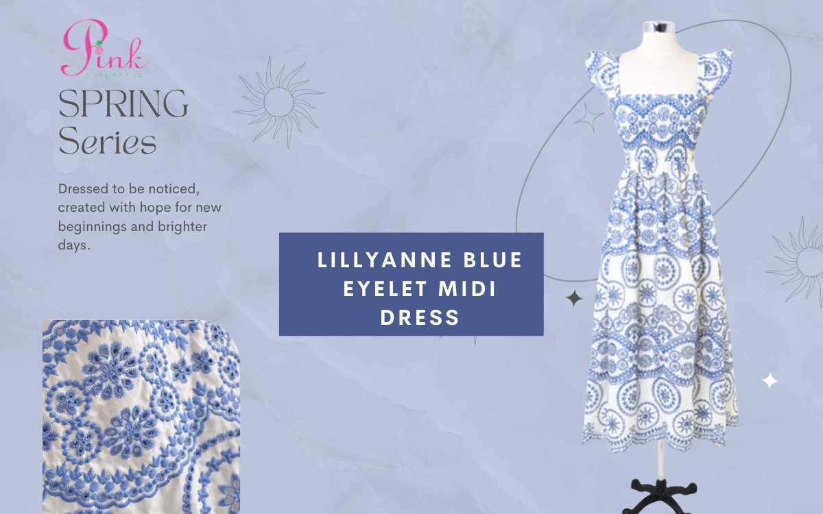 Reese Eyelet Puffy Midi Dress (Blue)