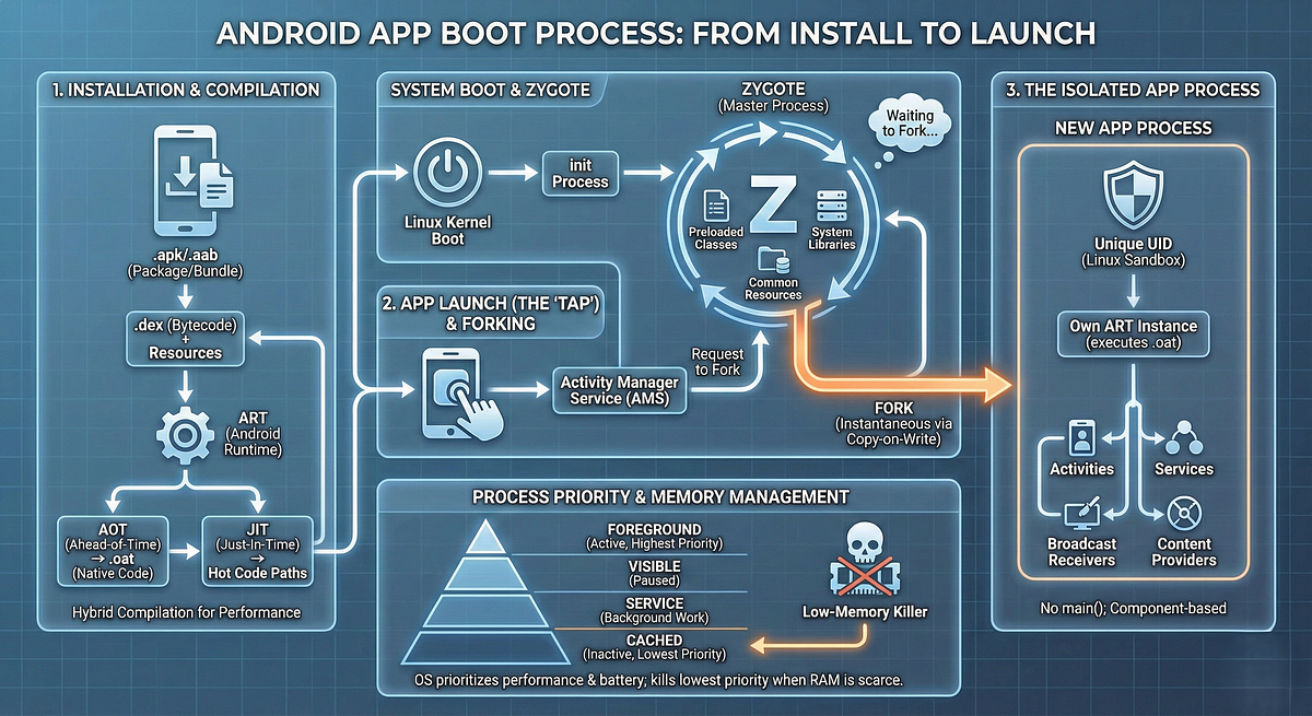 BOOTING OF THE ANDROID PROCESS. When you tap an Android app icon