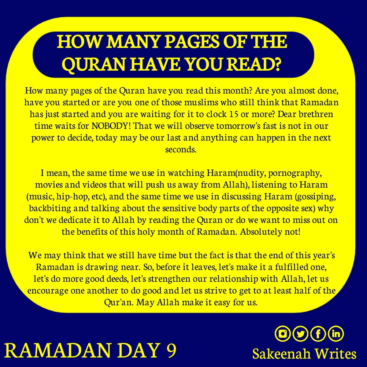 RAMADAN DAY 9, HOW MANY PAGES OF THE QURAN HAVE YOU READ by Sekinat Alawiye (Sakeenah Writes