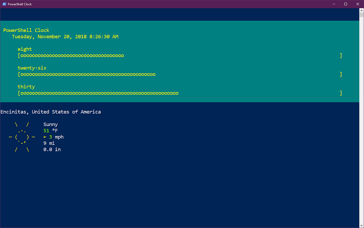PowerShell Clock. A command line liveupdating clock with… by Justin