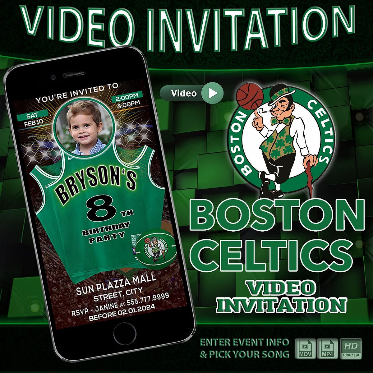 Boston Celtics Birthday invitation video, Boston Celtics Invitation ...