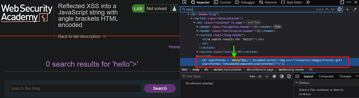 Reflected XSS inside a JavaScript string (angle brackets HTML-encoded ...
