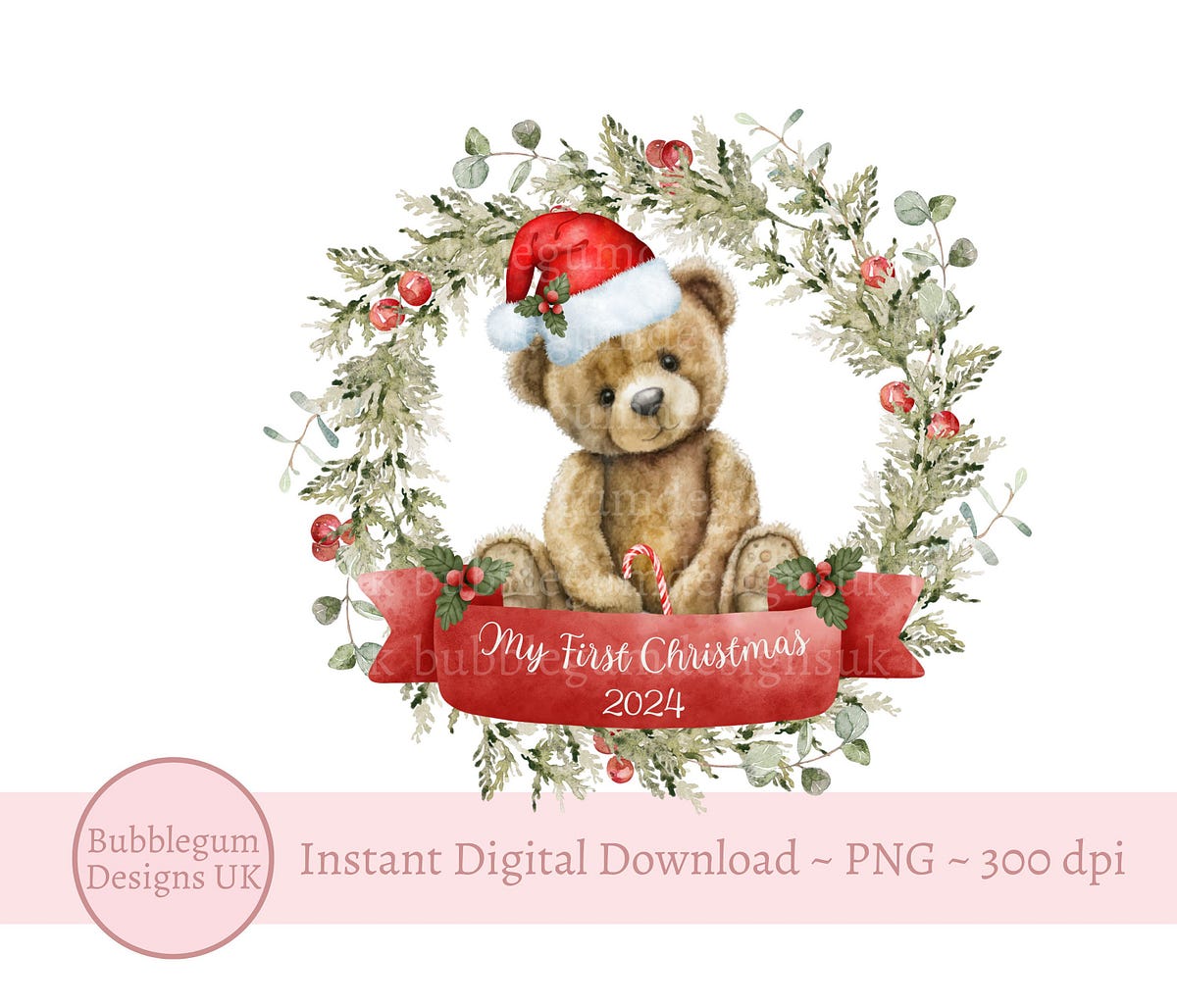 My First Christmas Bear 2024 Wreath PNG, Christmas Clip Art, Santa Sack