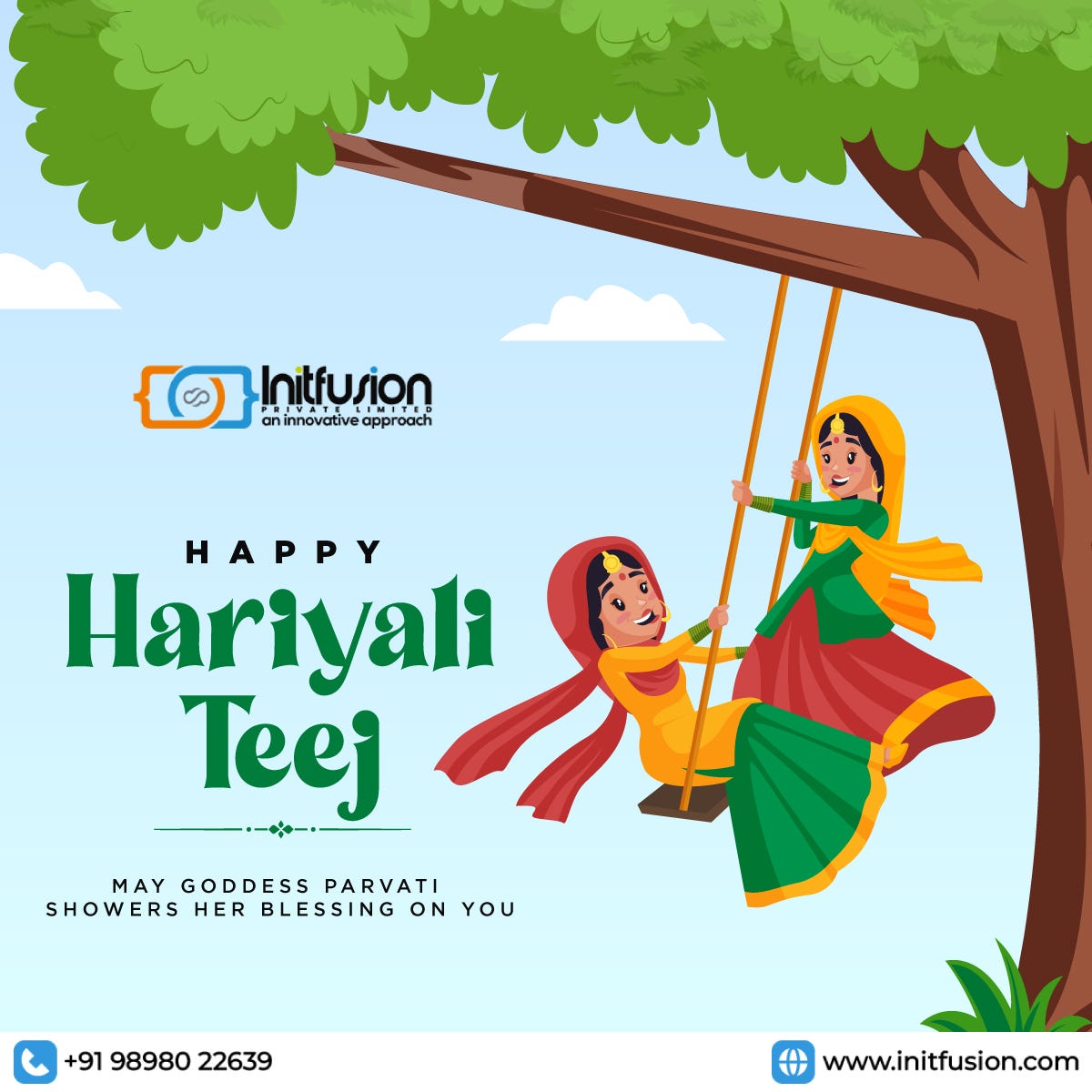 Happy hariyali teej festival with woman dancing card design:: tasmeemME.com
