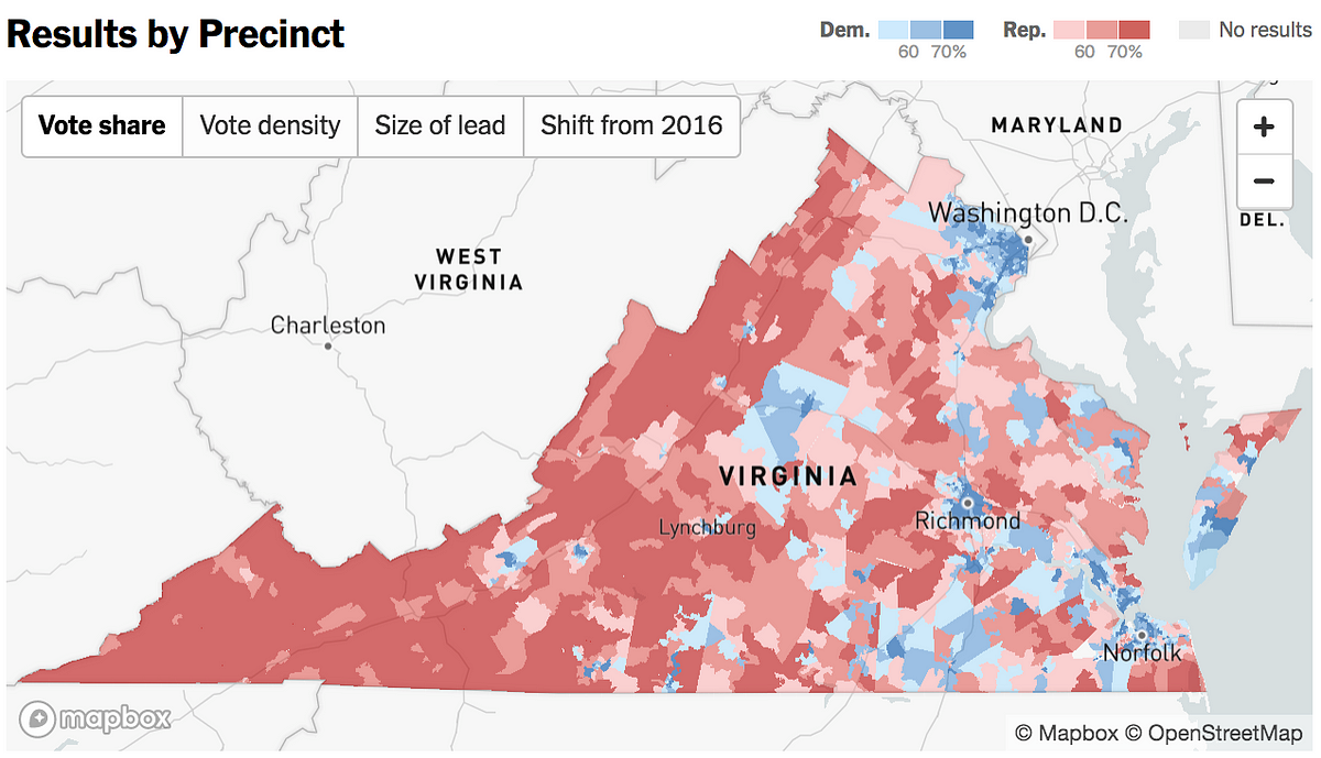 New York Times livemapping Virginia election by Mapbox maps for