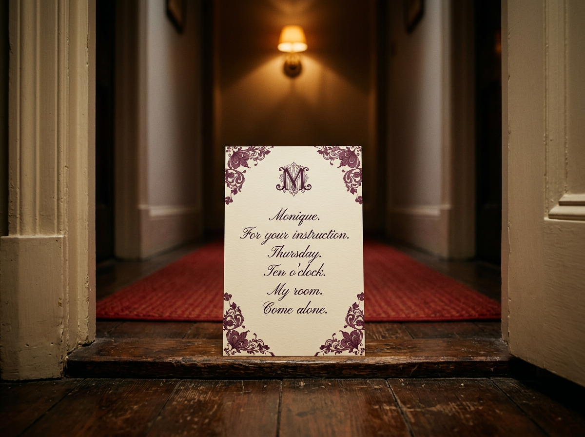 Monique’s invitation card delivered to Amanda Morgan (AI; author’s creation)