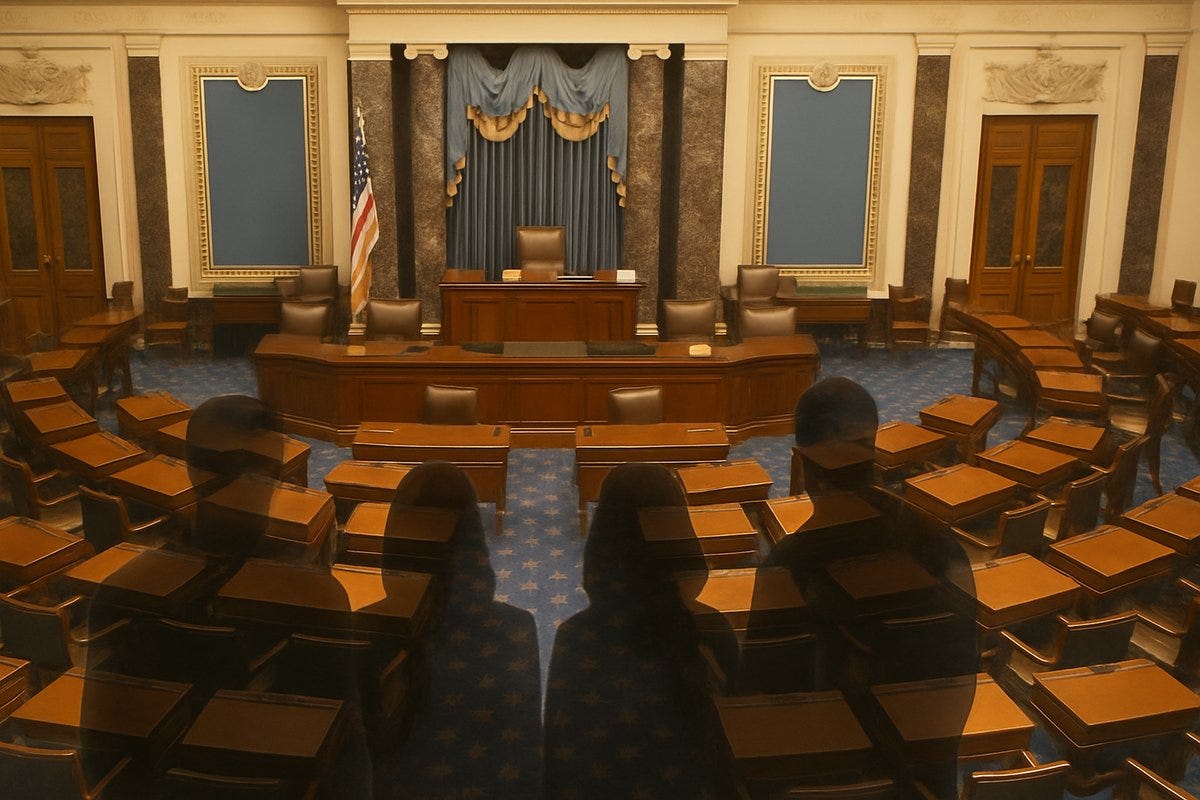 Shadowed figures in an empty Senate chamber — a stark metaphor for institutional silence in the face of democratic erosion.