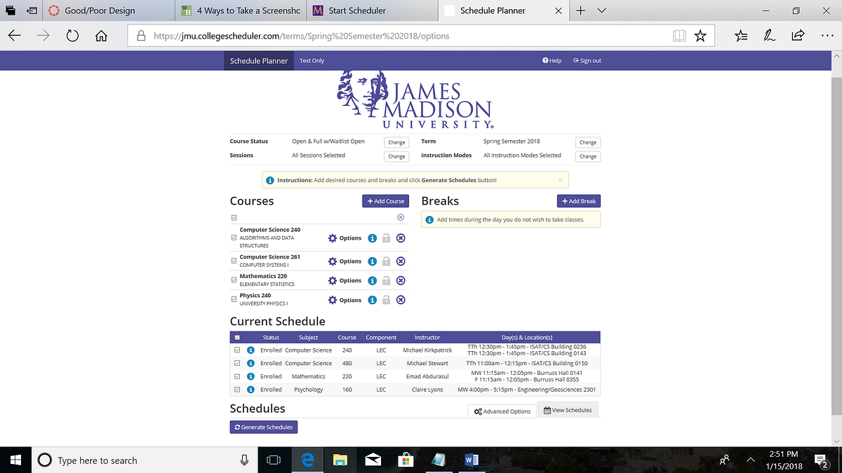 Good Design — Schedule Planner. The James Madison University schedule