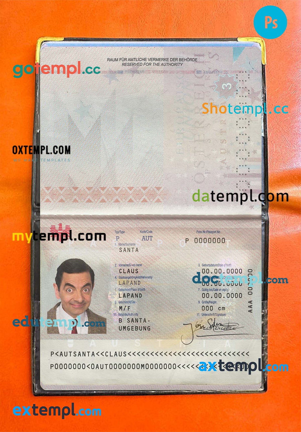 sample Austria passport PSD files, scan and photo look templates, 2 in