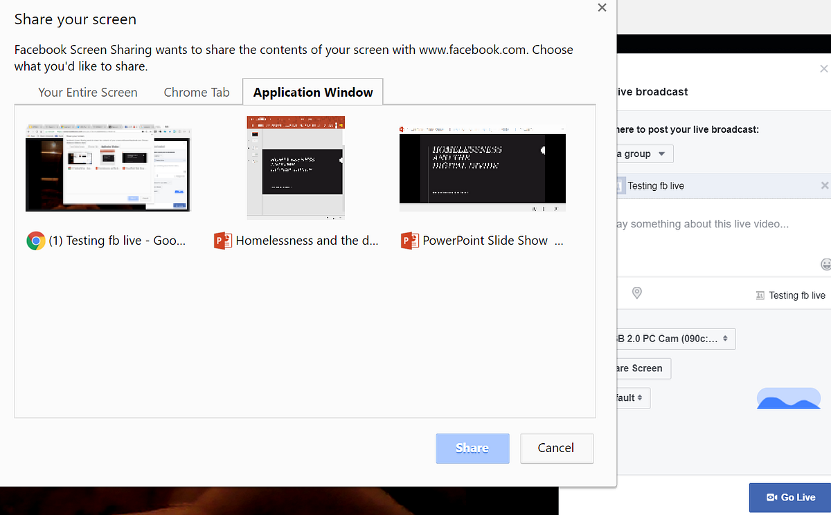 Natively share a PowerPoint on Facebook Live and view comments on a