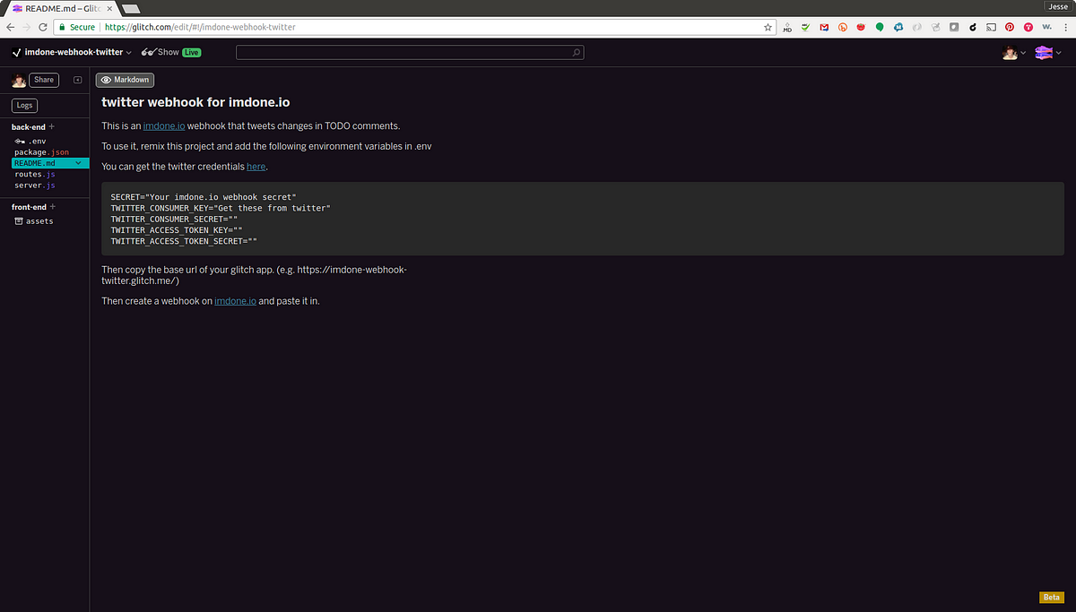 Tweet from TODO comments with imdone-atom and glitch