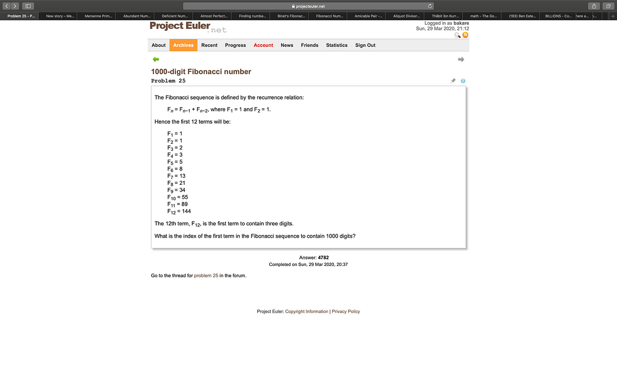 Solving Project Euler Problem 25. I’ve been busy into math problems ...