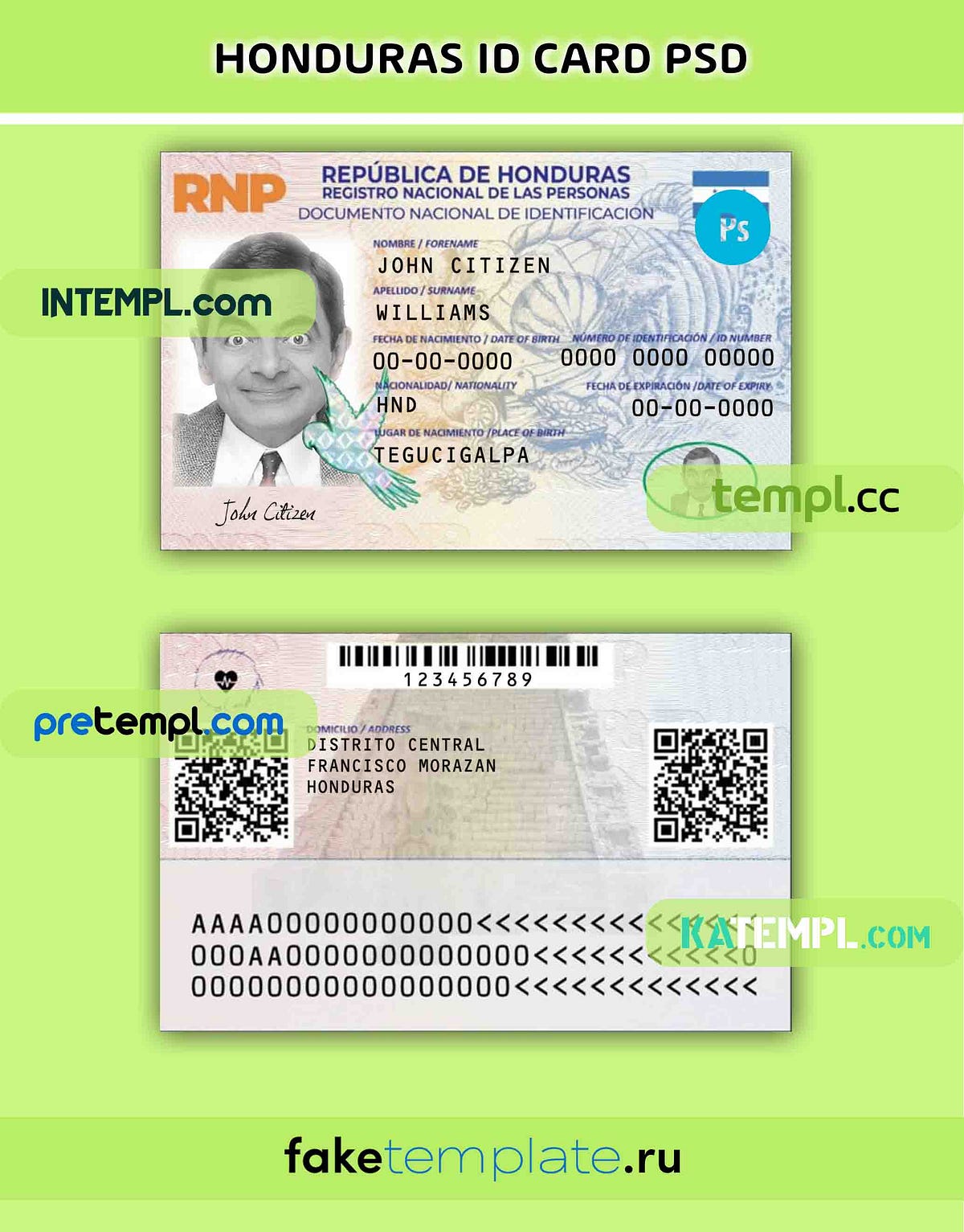 Honduras identity card PSD download template, version 2 by Intemplid