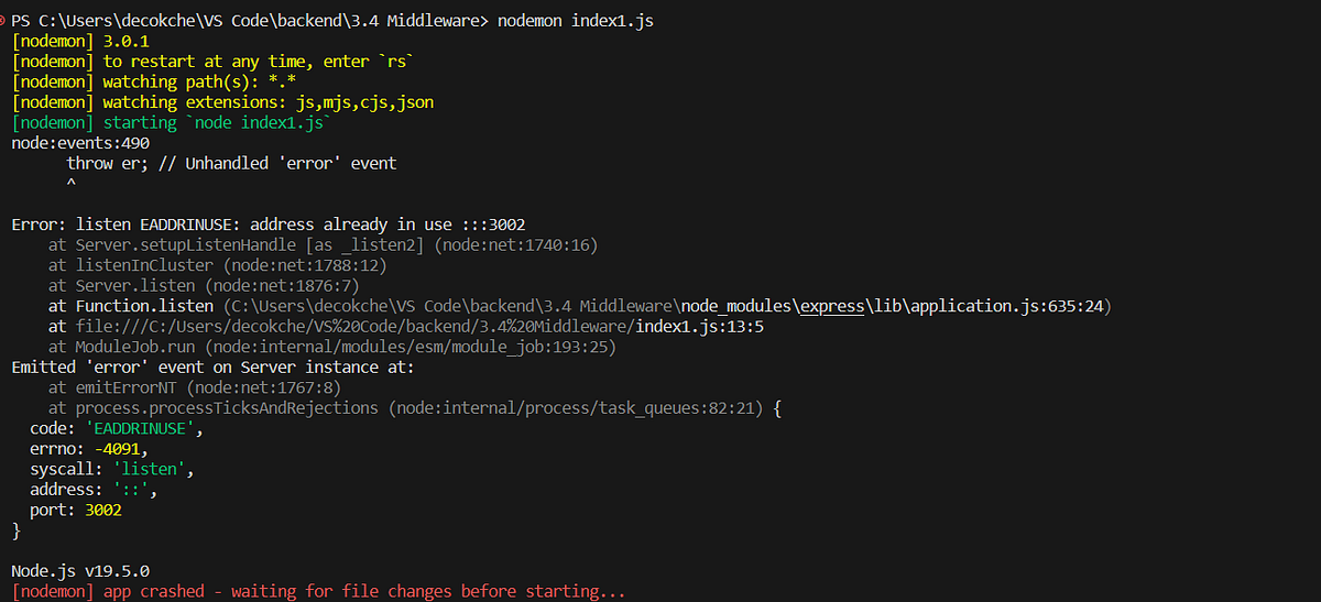 [nodemon] app crashed — waiting for file changes before starting ...