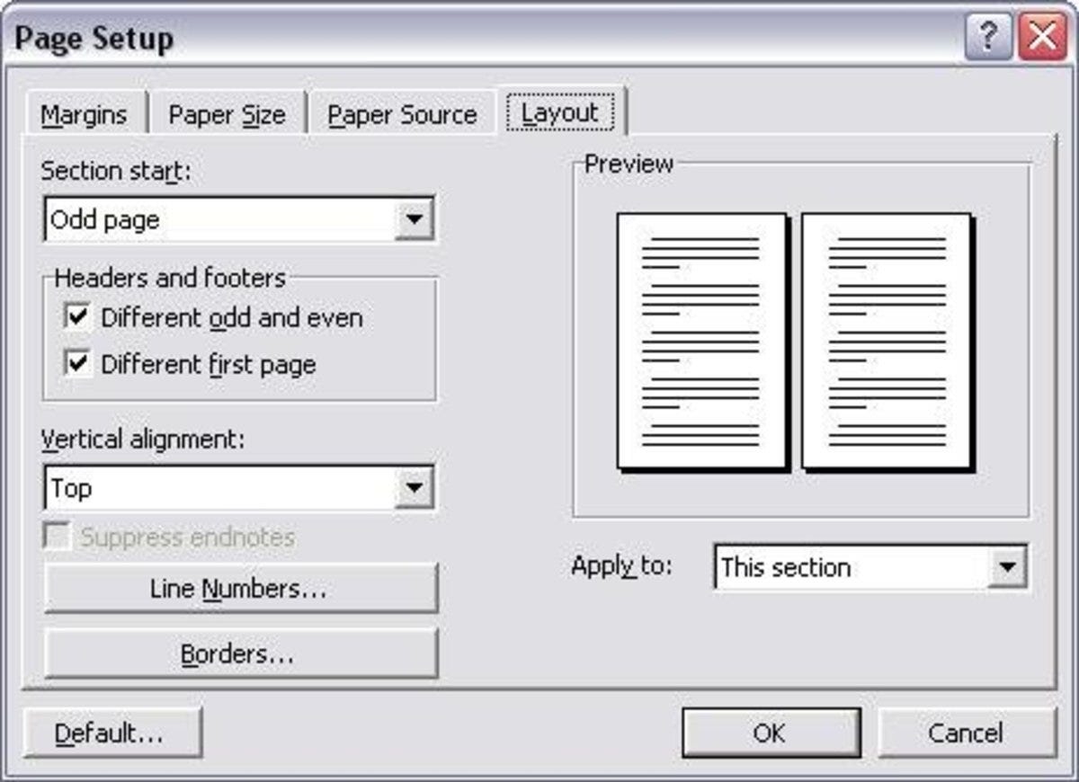 Screen image of my MS Word Page Layout Settings. See my explanation in this article why it’s important to specify “different even and odd pages” and “different first page.”