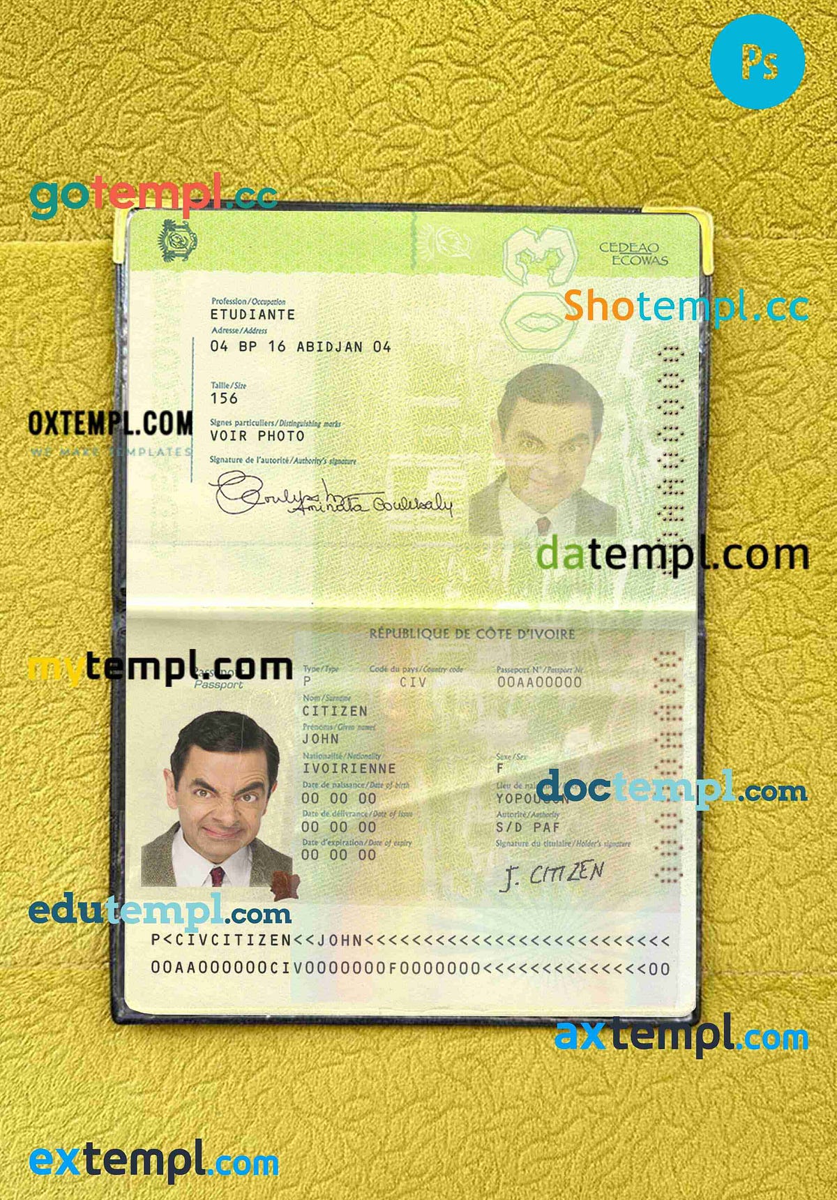 sample Cote D???lvoire passport PSD files, scan and photo look templates