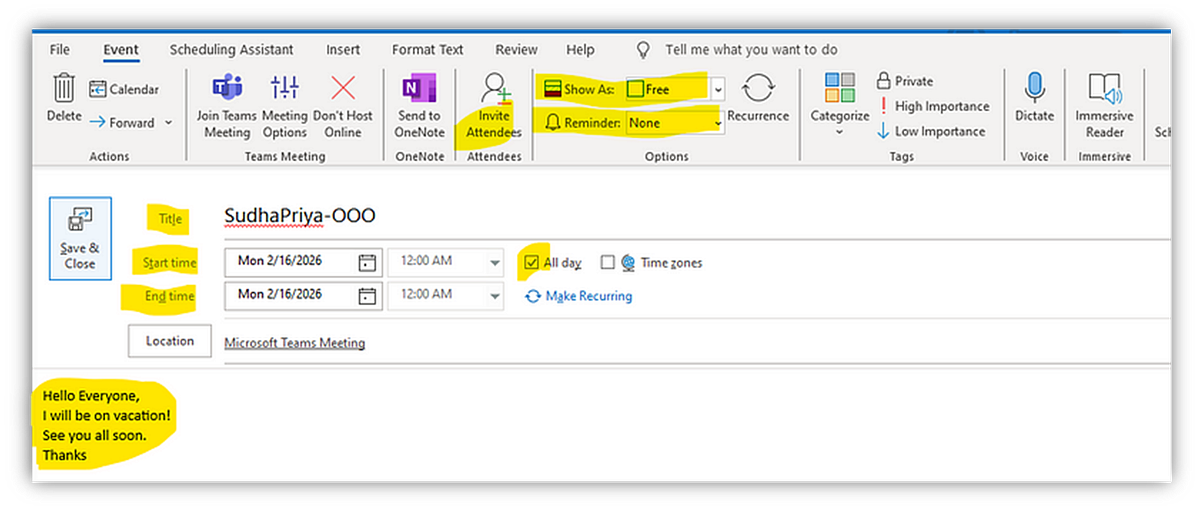 How to create an Out of Office calendar event from Outlook by