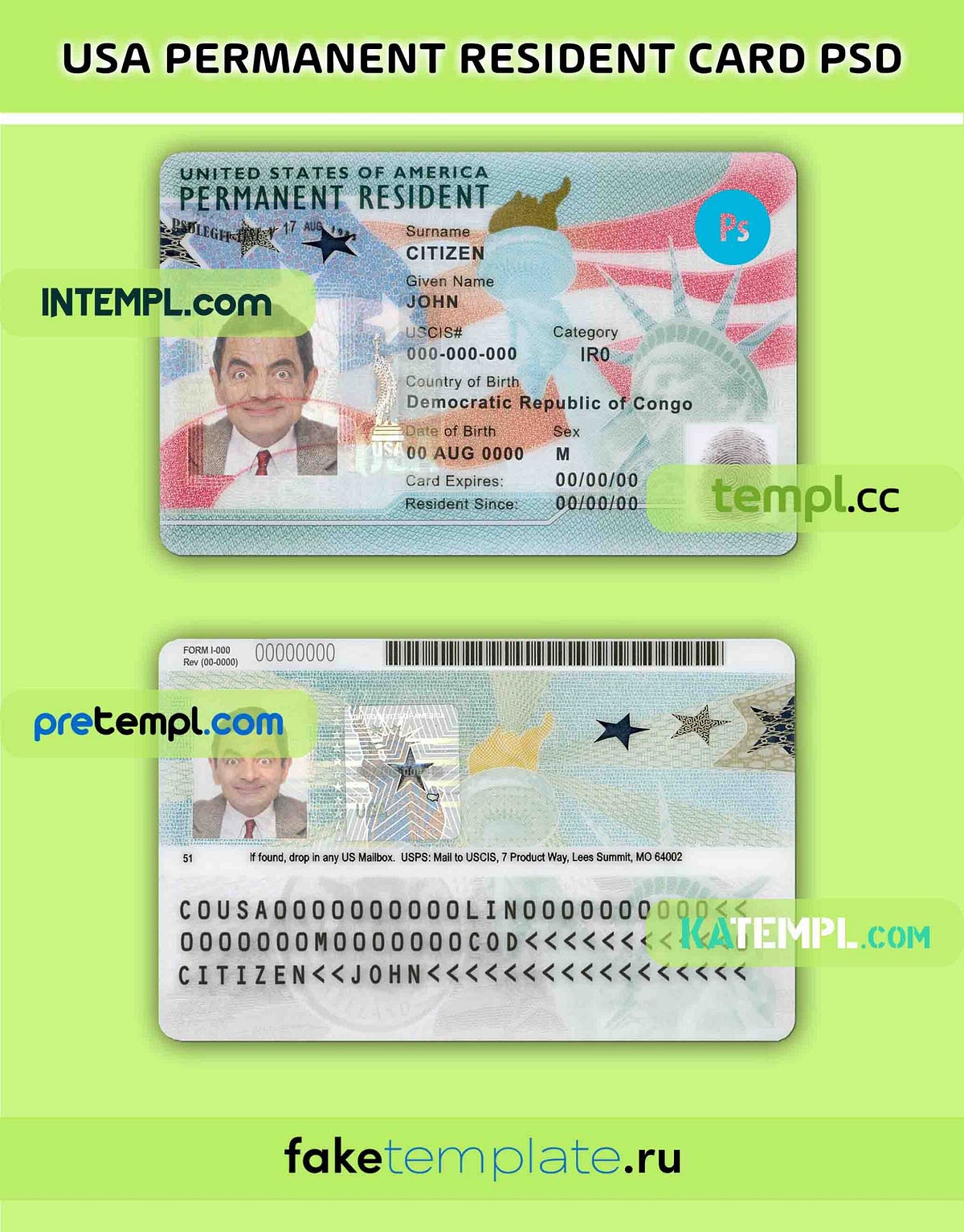 Usa Green Card, Permanent Resident Card Psd Download Template, 2020 