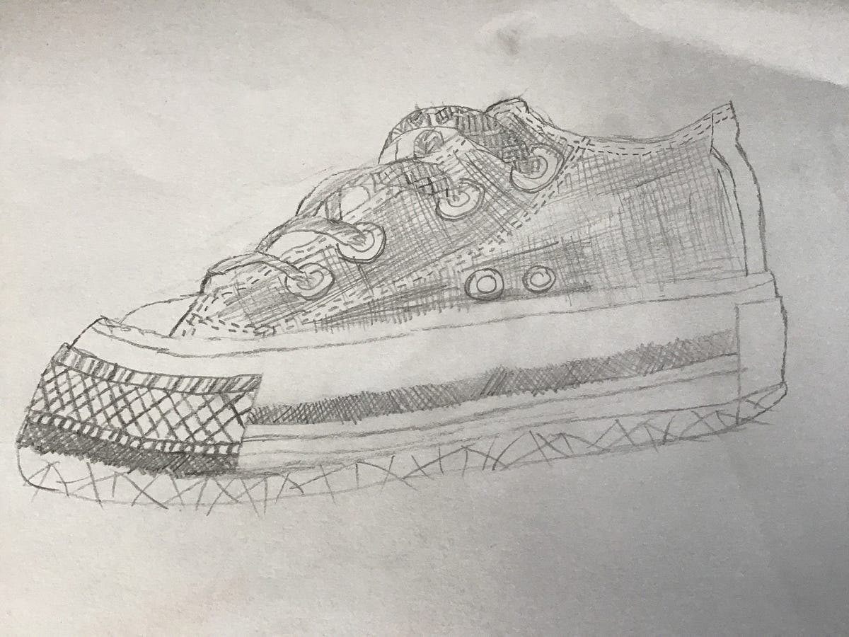 My Converse Shoe This Drawing has definitely been my most challenging but it  was extremely interesting to draw as I did cross-hatching and shading as  well as different types of patterning for