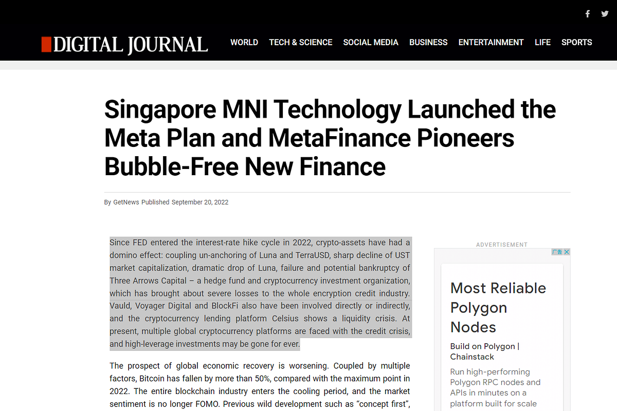 Singapore MNI Technology Launched the Meta Plan and MetaFinance Pioneers BubbleFree New Finance
