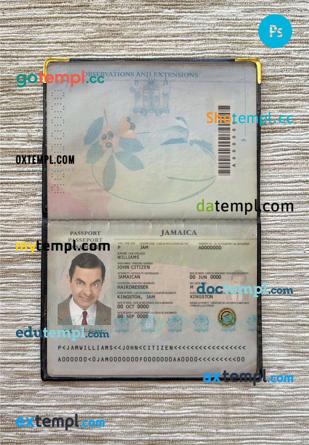 sample Jamaica passport editable PSD files, scan and photo look ...