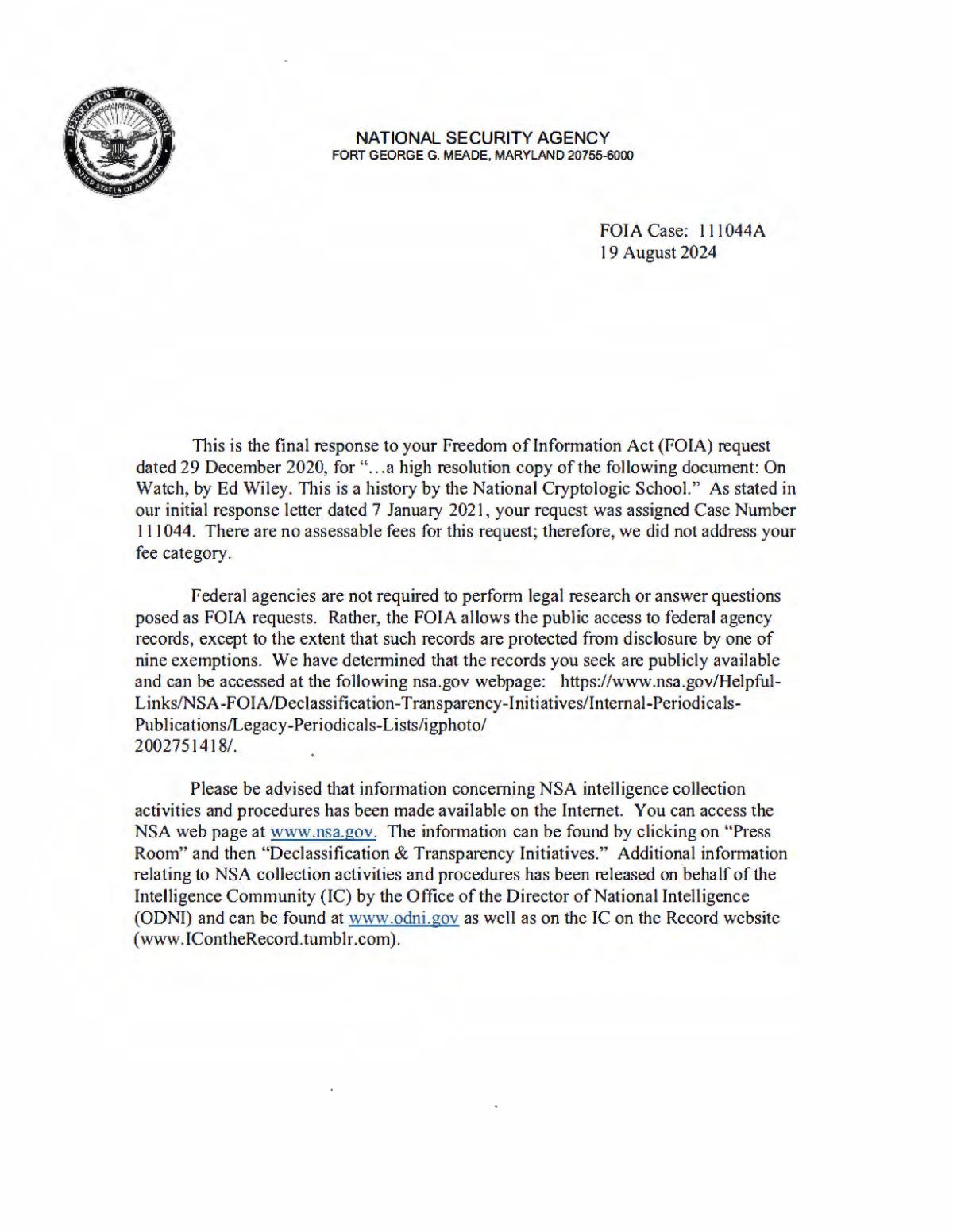 The Disclosure Foundation just received a response to its FOIA request about NSA UMBRA TOP SECRET…