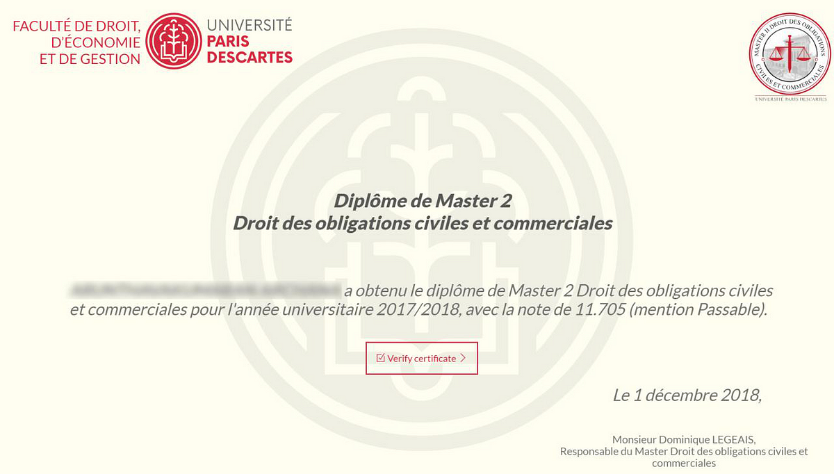 First degrees on the blockchain!. A Master of Paris Descartes University… |  by Jean-René | EvidenZ | Medium