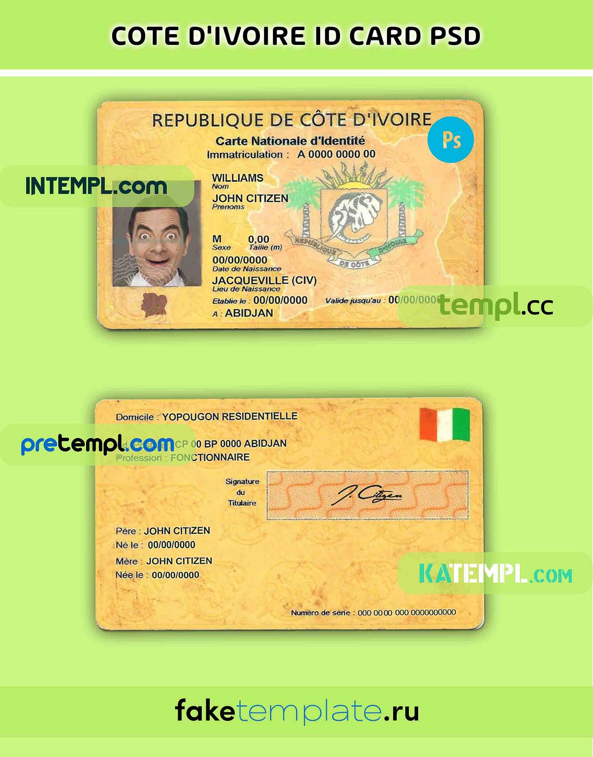 Cote D’Ivoire ID card template in PSD format, fully editable | by ...