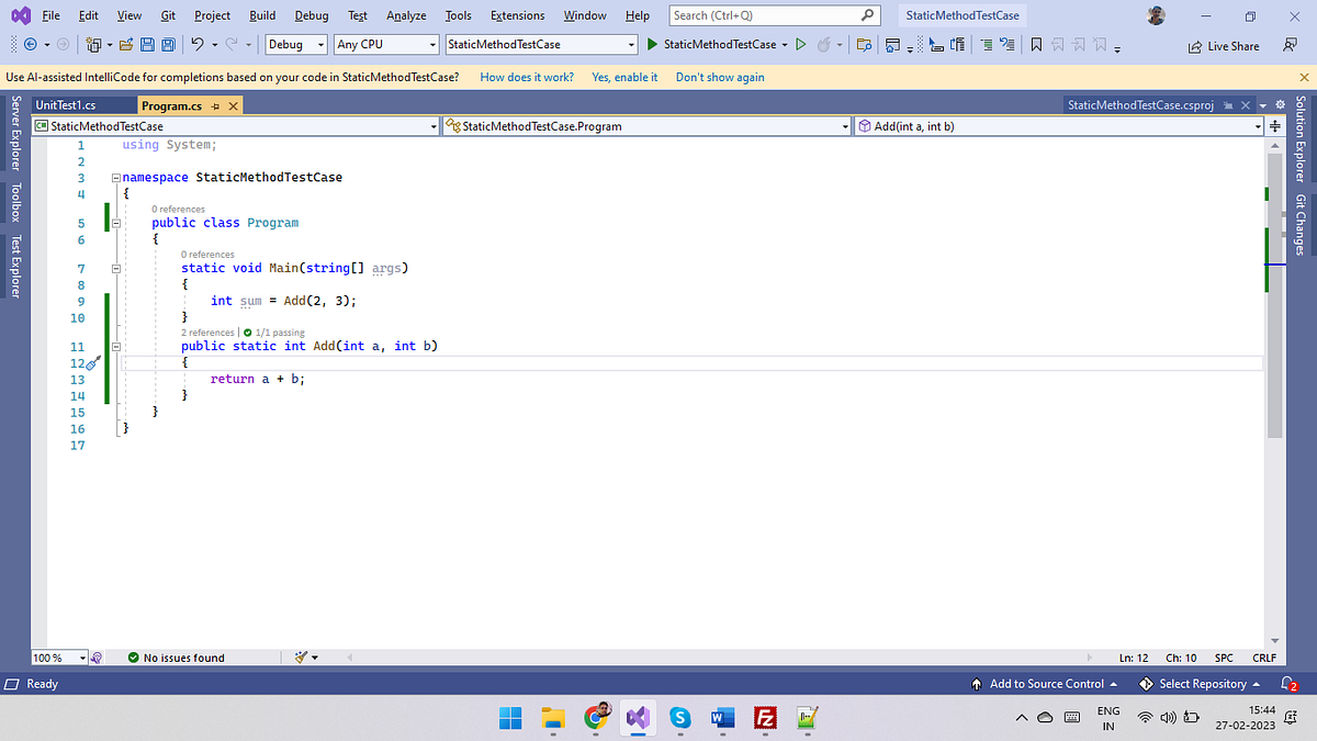 How to write Xunit test case with Visual studio 2022 for static method