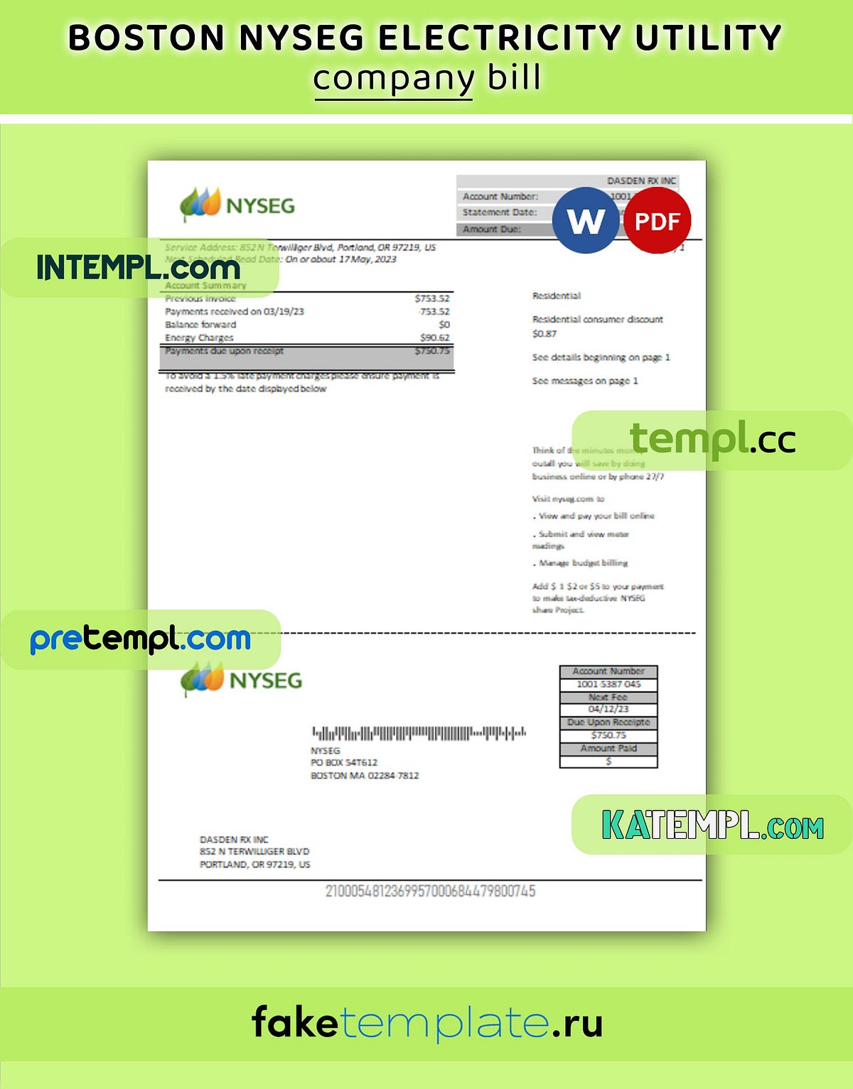 Boston NYSEG electricity business utility bill, Word and PDF template by Intemplbusinessbill