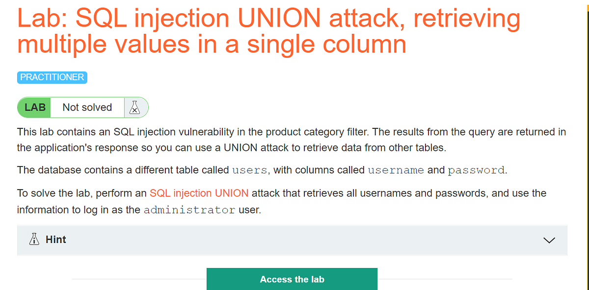 SQL injection UNION attack, retrieving multiple values in a single ...