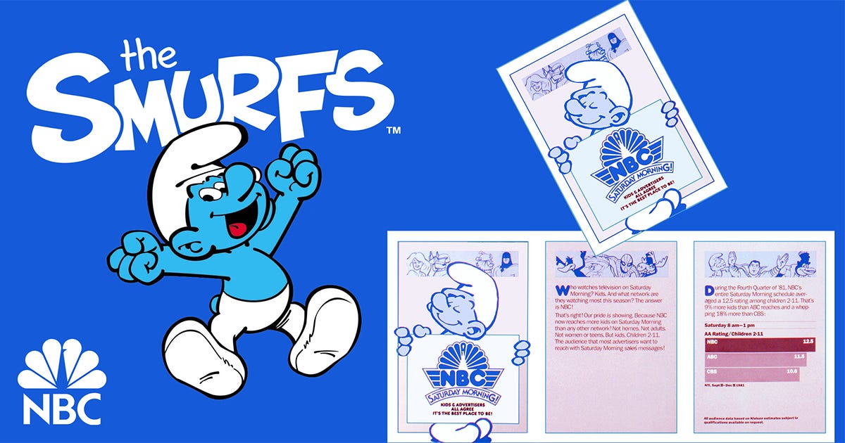 The Smurfs. Design, Art Direction, Creative Directions: Vazken Kalayjian. Executive Leadership: Mike Mohamad, Charles Blake, Elaine Zeitsoff. Department: NBC Network Advertising, On-Air Promotion and Marketing. Lettering: Tom Carnase.