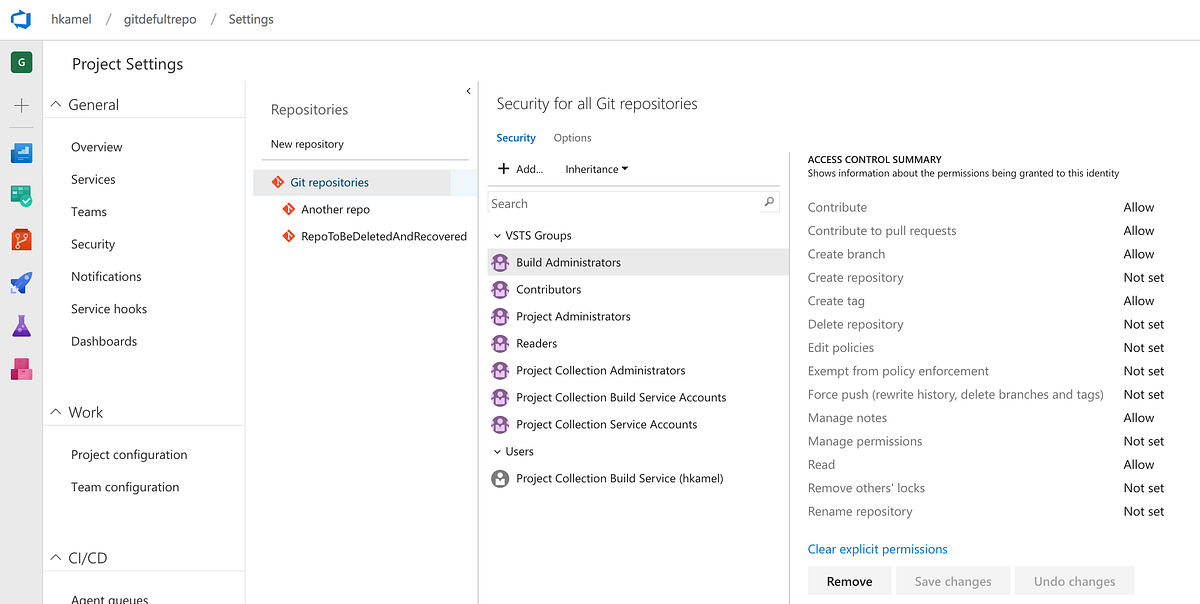 Recover a deleted VSTS git repo. VSTS provide a way to restore a