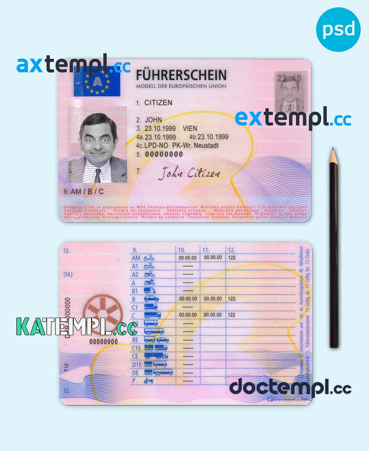 sample Austria driving license template in PSD format, 2013 — present
