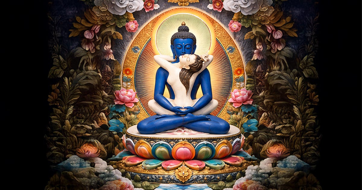 Yab-Yum (Thangka-style, full color): Union without collapse, stillness and motion sharing one body.