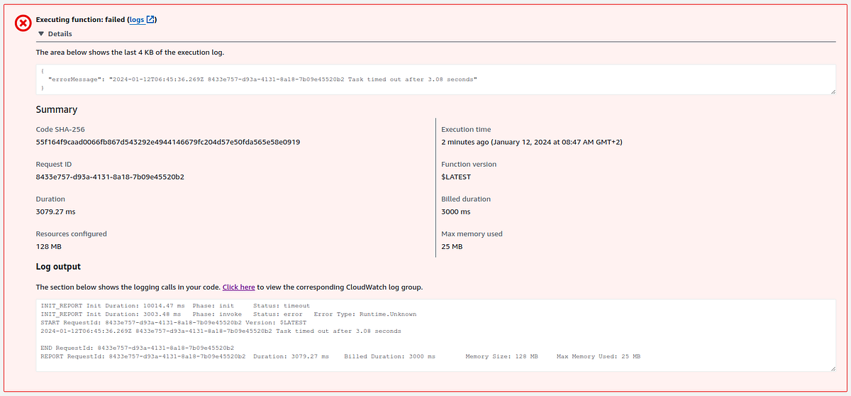 How to deal with AWS Lambda ErrorMessage “ Task timed out after 3.08