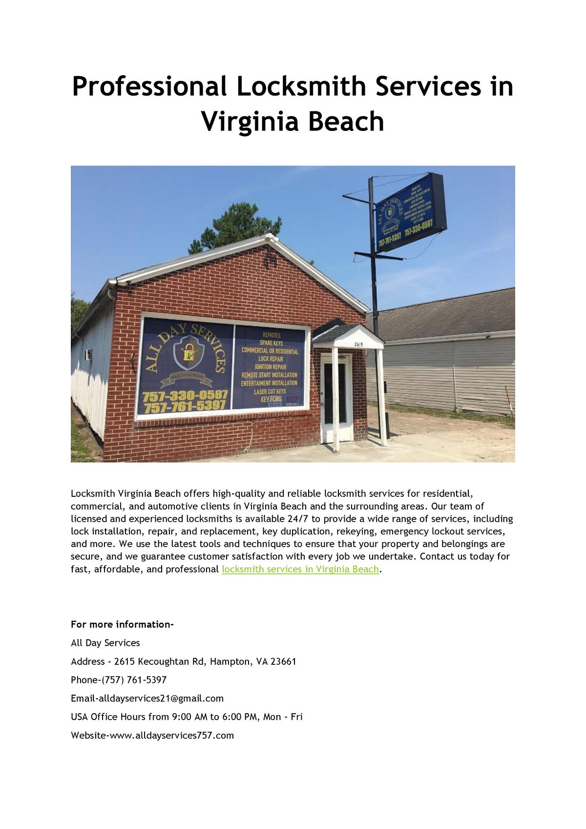 Professional Locksmith Services in Virginia Beach - Alldaysservices ...