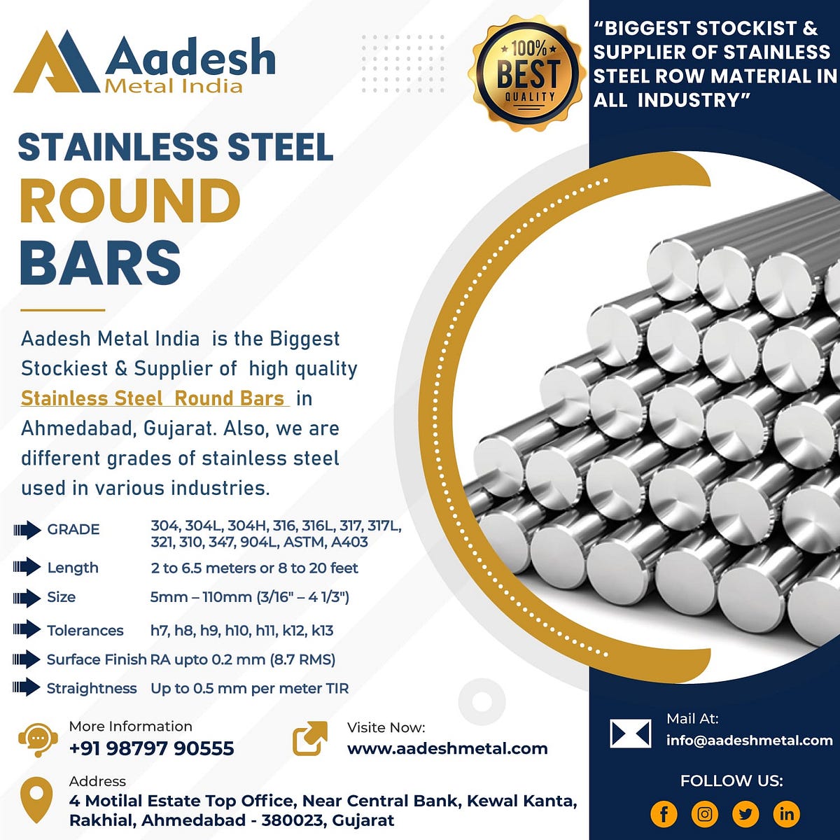 Stainless Steel Round Bars, SS Bright Bars Supplier In Ahmedabad, India Aadesh Metal India