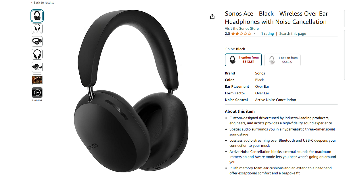 Sonos Ace — Black Wireless OverEar Headphones with Audio Customization