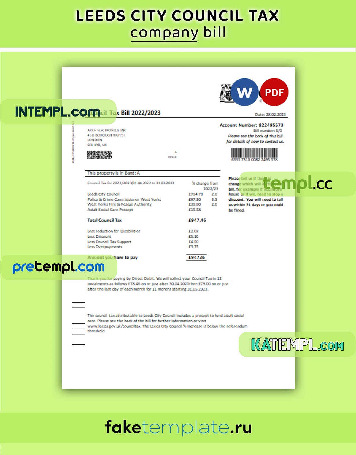 Leeds City Council tax business utility bill, PDF and Word template