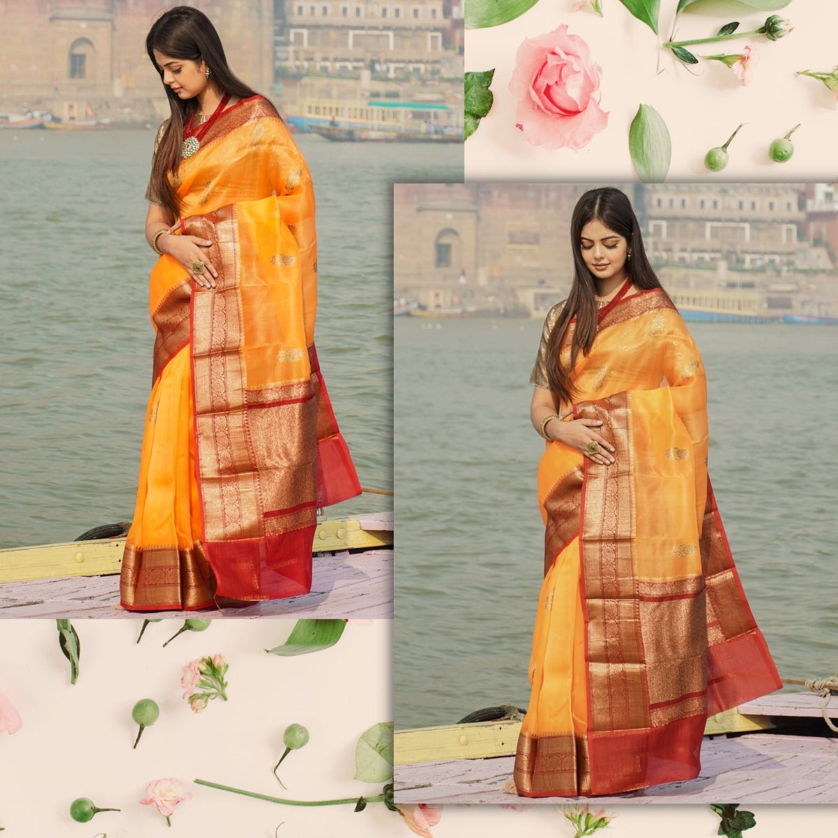 Banarasi Intricate Floral Motifs Zari Hand Woven Traditional Handloom Satin Silk Saree