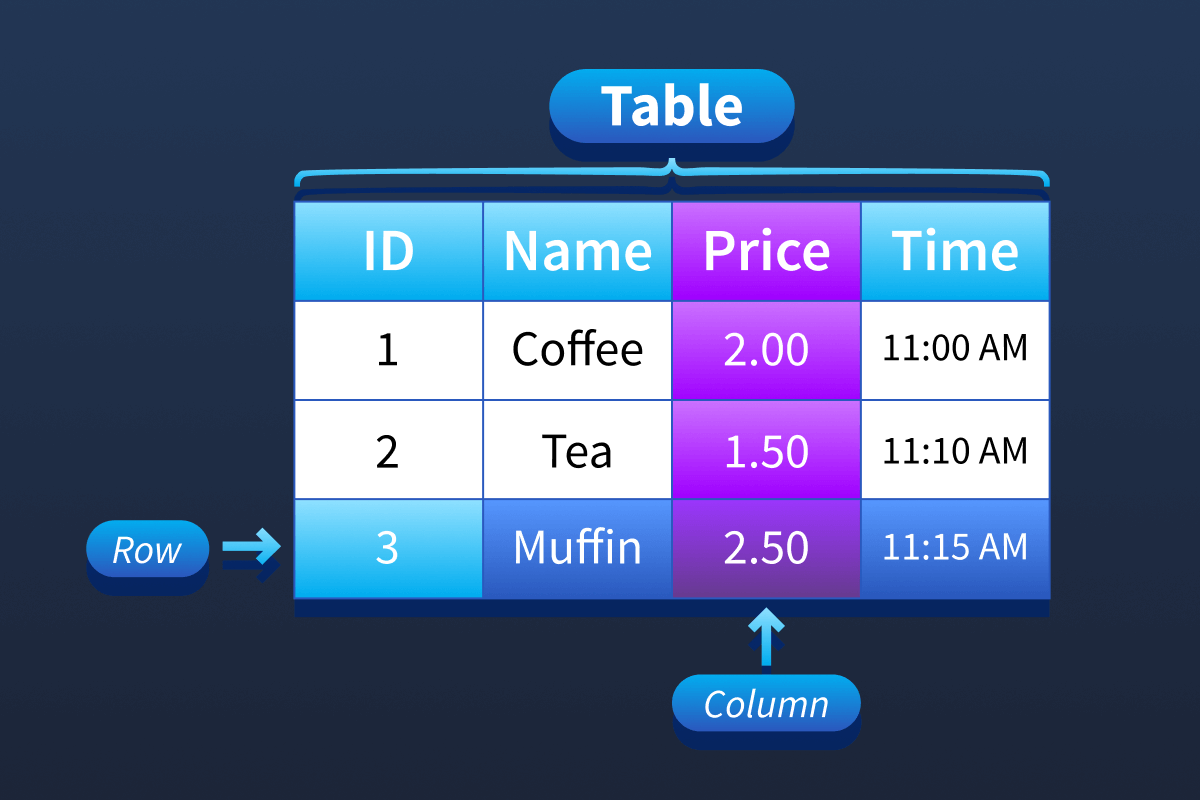 Anatomy of a relational database table featuring columns, rows, and data rows.