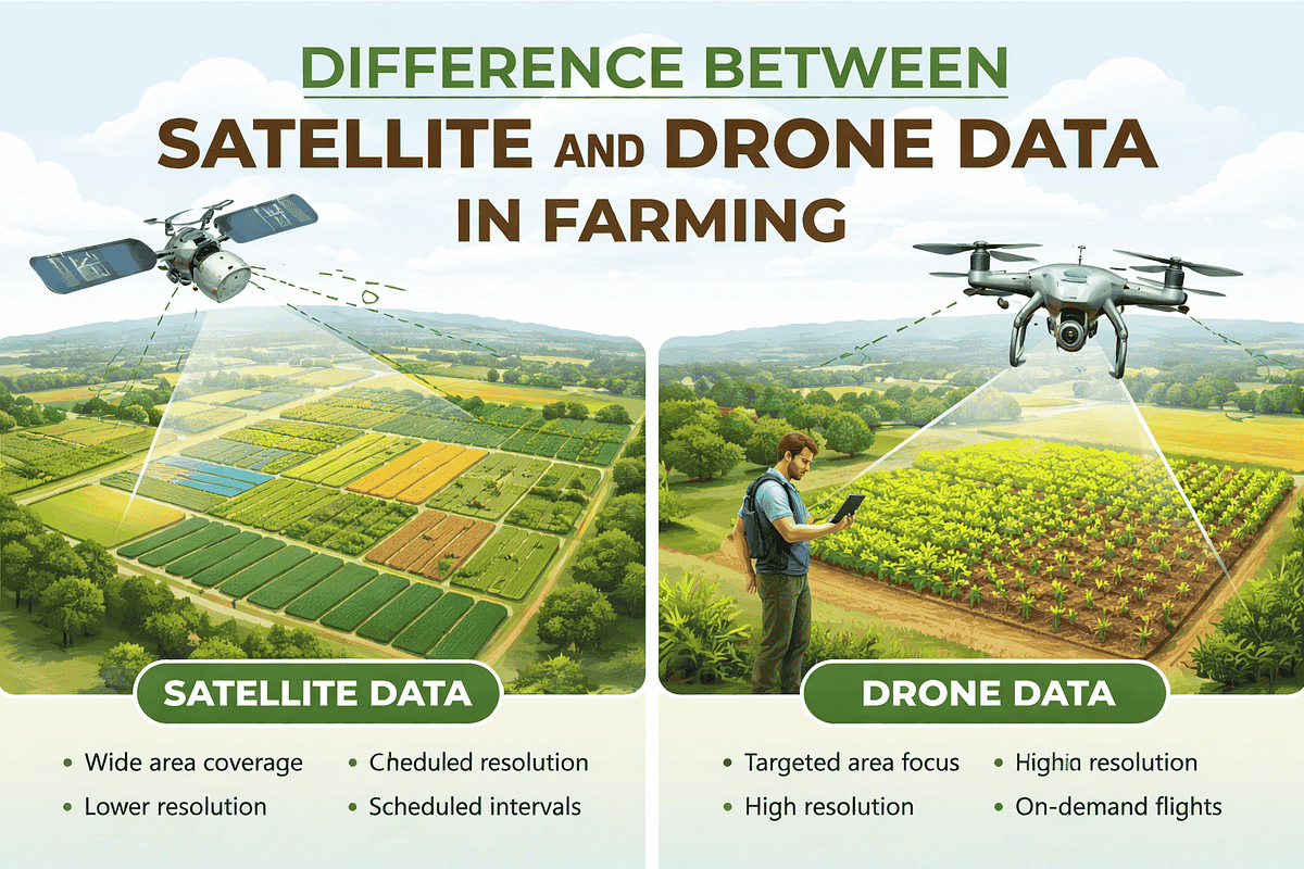 Infographic comparing satellite vs. drone data in farming