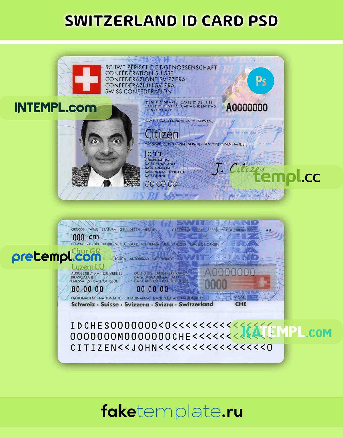 Switzerland ID template in PSD format, fully editable, with all fonts