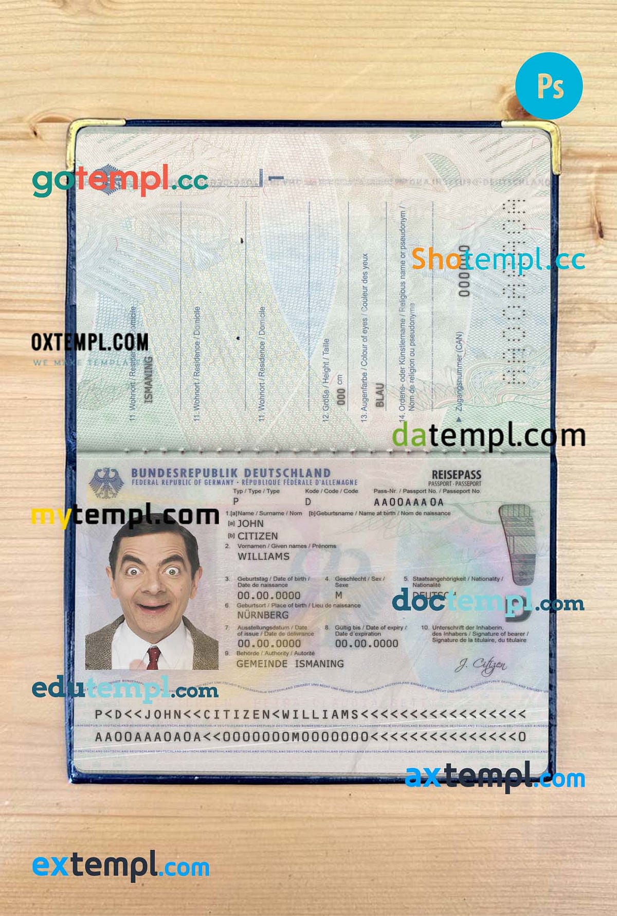 sample Germany passport PSD files, scan and photograghed image (2017present), 2 in 1 download