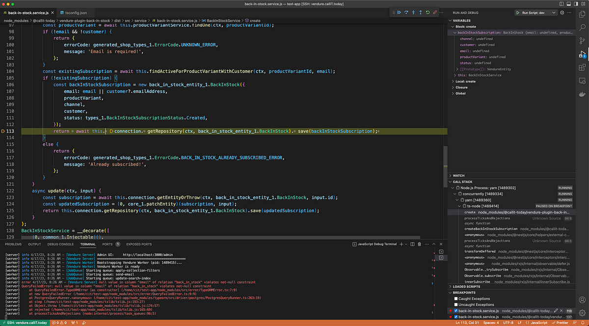 Debugging Node.js with VSCode. After publishing Back-In-Stock Vendure ...
