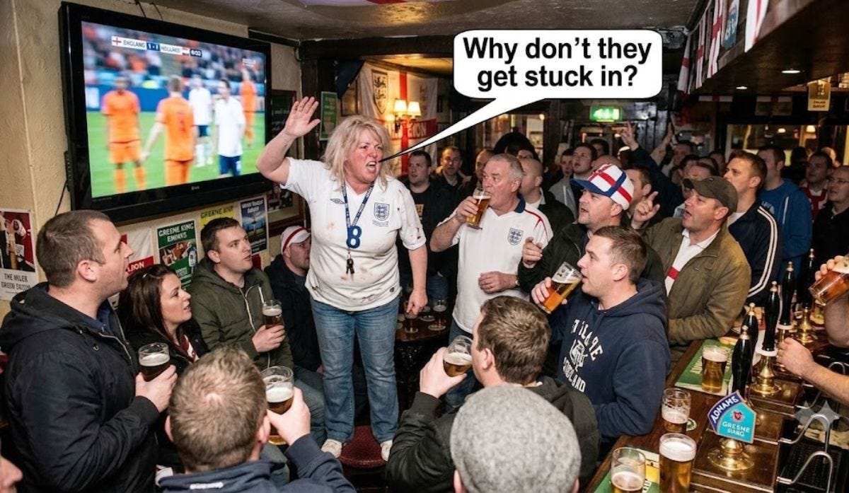 English football supporter dispenses incorrect advice (scene recreated by Gemini)