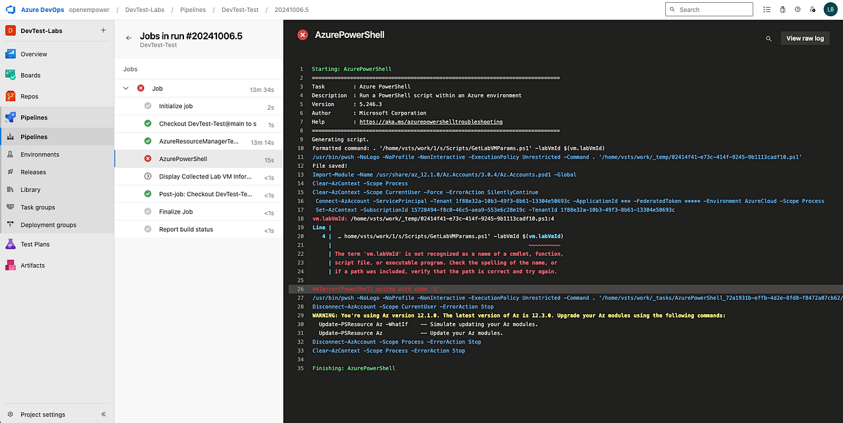 Troubleshooting Azure DevOps Pipeline Error: The Term ‘vm.labVmId’ is ...
