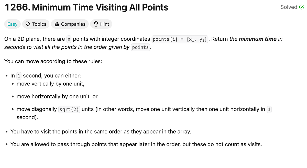 Algorithm #7 : Minimum Time Visiting All Points | by Yogendra | Medium